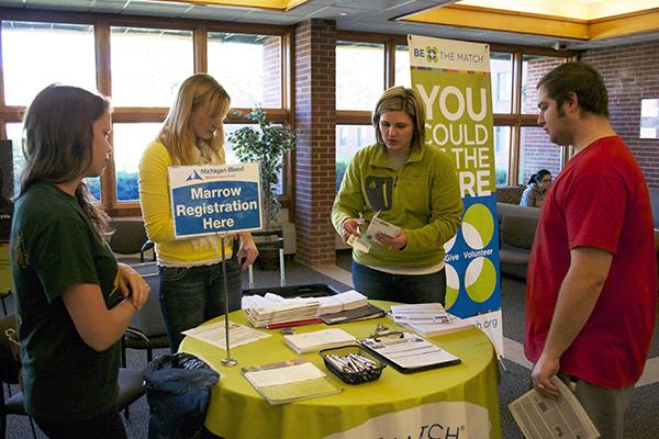 Students prepare for the first steps of being a resgistered bone marrow donor at the Be The Match drive in the Payne/Halverson lobby on Monday Sept. 23. (Photo: Katie Stumman)