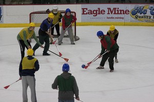 Students participate in one of the first intramural games of the year, broomball. All residence halls compete against each other during the winter semester. (Anthony Viola/NW) 