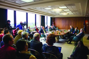 NMU Board of Trustees members Garnet Lewis and Gilbert Ziegler called in, while (left side of table) Scott Holman, Steve Mitchell and Thomas Zurbuchen attended in-person alongside (right) current NMU president David Haynes, chairman Rick Popp, Sook Wilkinson and Stephen Adamini. 