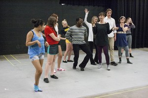 From left to right, sophomore theater majors Donavon Chambers and Laura Thompson and choreographer Jill Grundstrom rehearse for “Pippin,” which runs 7:30 p.m. Wednesday, July 9 through Sunday, July 13 and Wednesday, July 16 through Sunday, July 20 at Frazier Boat House. (Anthony Viola/NW)